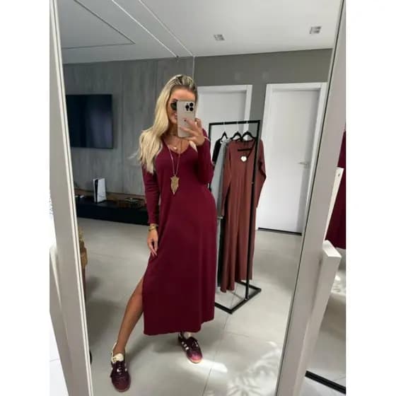 Vestido Longo Feminino com Fenda Malha 100% Algodão Confortável Moda Dia a Dia