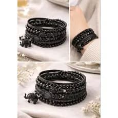 Pulseira Feminina Conjunto Boho Preto com Pingente de Elefante