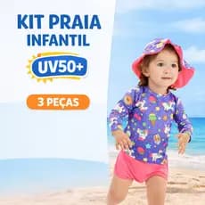 Roupa Praia Infantil UV50+ 3 Peças Menina Camiseta + Chapéu + Tapa Fralda Kit Infantil