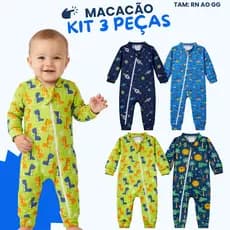Kit 3 peças Macacão Longo Bebê Pelúcia Sortidos com Zíper Frontal Menino - Tamanho RN ao GG
