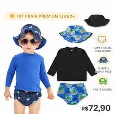 Kit Premium Lote Blusa com Proteção Solar UV50 Tapa Fralda (sunga) Chapéu Bebê e Infantil Moda Praia Meninos