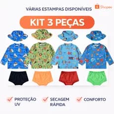 Roupa de Praia Infantil UV50+ 3 Peças Menino Conjunto Proteção Solar Camiseta + Chapéu + Tapa Fralda