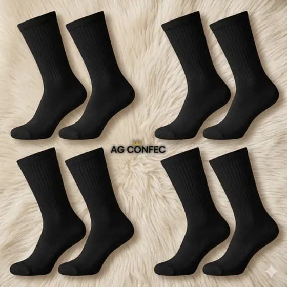 24 Pares Meias Cano Alto Preto / Branca Algodão Premium Unissex Menina Menino