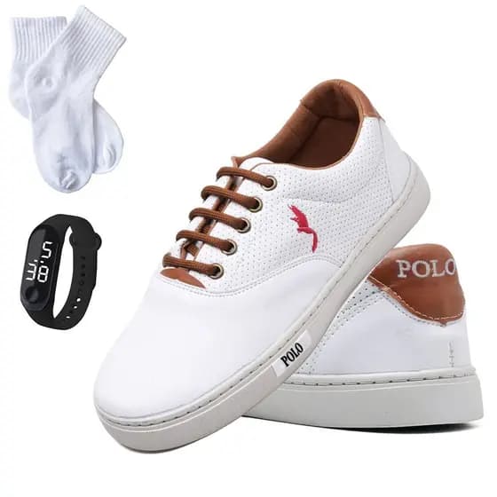 Tênis Masculino Infantil Menino Casual Branco com Relógio Digital e a Meia de Numeração do 27 ao 36