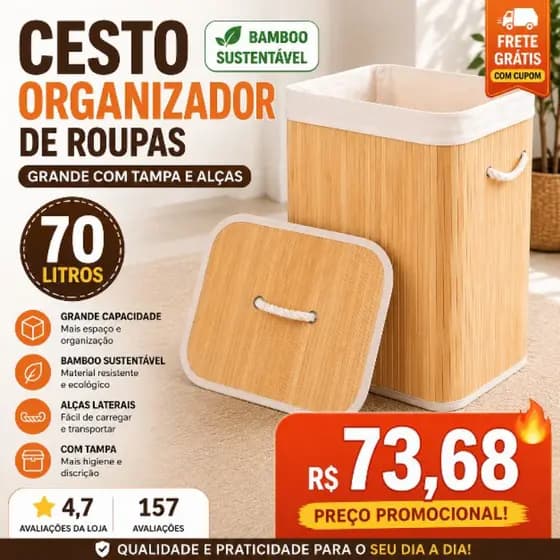 Cesto SuperOrganizador Roupas Grande Tampa Alcas Bambu Sustentavel 70 Litros #materialecologico luxo