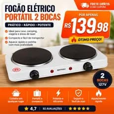 Fogão Indução Portátil 2 Bocas 127v Elétrico Cooktop Mesa Camping Viagem Potente Prático Rápido luxo