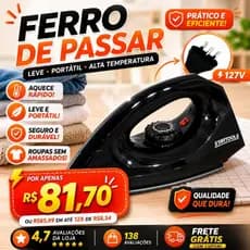 Ferro De Passar Roupas Leve Portátil Alta Temperatura 127V Preto