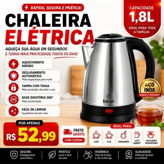Chaleira Eletrica Inox 1.8 Litros 1000 Watts Rapida AquecimentoSegura 127V superluxo #cozinhapratica