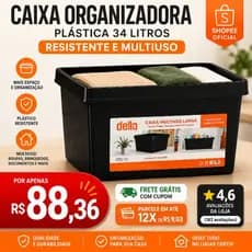Caixa Organizadora Plástica 34 Litros Resistente Multiuso Preta