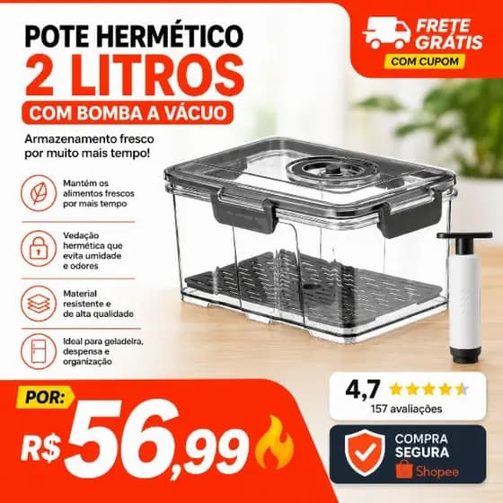 Pote Hermetico Reutilizavel 2 Litros Com Bomba Vacuo Armazenamento Frescor Alimentos