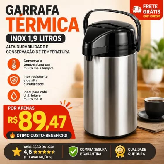 Garrafa Térmica Inox 1,9L Café Chá Pressão Inquebrável Água Quente Top #GarrafaTermica #Café #Shopee #Promoção #Cozinha
