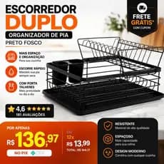 Escorredor Loucas Duplo Organizador Pia Cozinha Preto Fosco Espaçoso