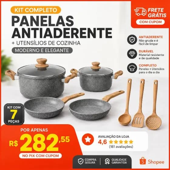 🍳 Jogo de Panelas Ceramica Antiaderente Inducao Cabo Madeira Luxo Jogo de Cozinha Completo Inmetro Cinza