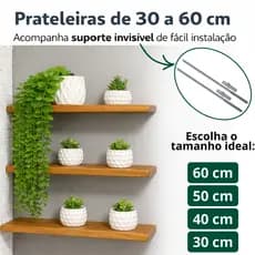 Kit de prateleira de madeira maciça suspensa com suporte invisível 60 50 40 30 cm