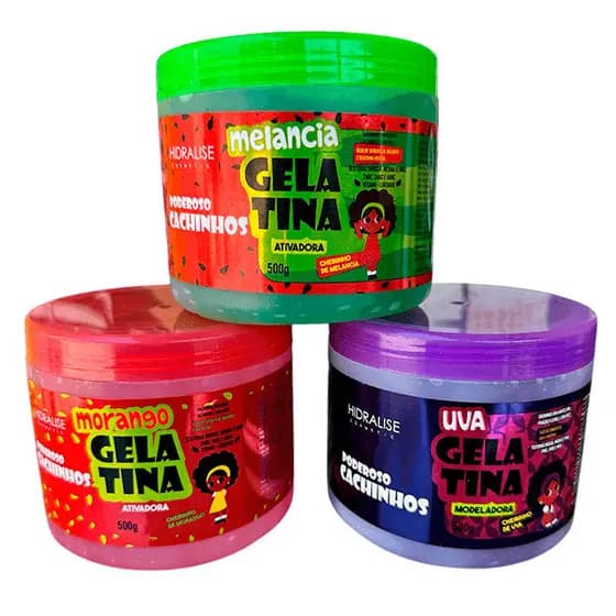 Gelatina Ativadora Kids 500g Poderosos Cachinhos Melancia Morango Uva Hidratação Nutricao Hidralise