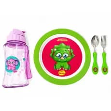 Kit 4 Peças Alimentação Infantil Elefantinho Rosa – Prato Talher Garrafinha Livre de BPA  Bebê