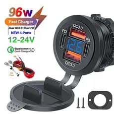 Carregador De Carro Rápido De 4 Portas 96W PD3.0 + QC3.0 Com Display LED-iPhone Samsung Huawei Compatível À Prova D'água