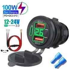 Carregador De Carro USB Triplo-C PD E QC 3.0-Soquete 12V/24V Com Voltímetro Digital Interruptor Liga/Desliga