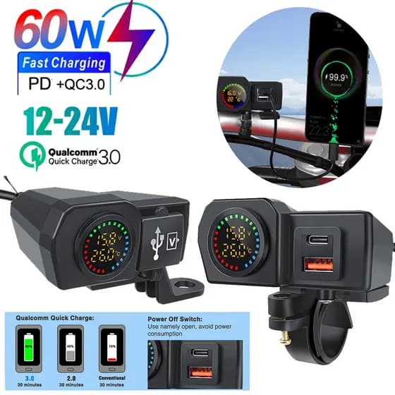 Motos 60W QC3.0 PD Tomada Para Carregador De QC3.0 USB Tipo C Carregamento Rápido Plug Voltímetro Termômetro Mostrador Digital