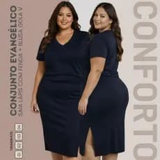 Conjunto Feminino Plus Size Saia Lápis Midi Com Fenda + Blusa Gola V Moda Evangélica Elegante