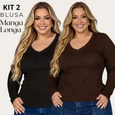 Blusa Feminino Plus Size Manga Longa Kit 2 Segunda Pele Inverno Gola V Confortável Até G4