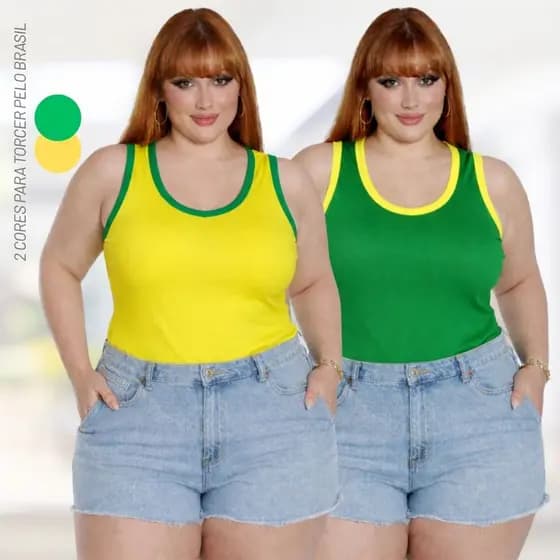Kit 2 Regata Brasil Plus Size Femininas Torcida e Uso Diário Canelada Confortável até G4
