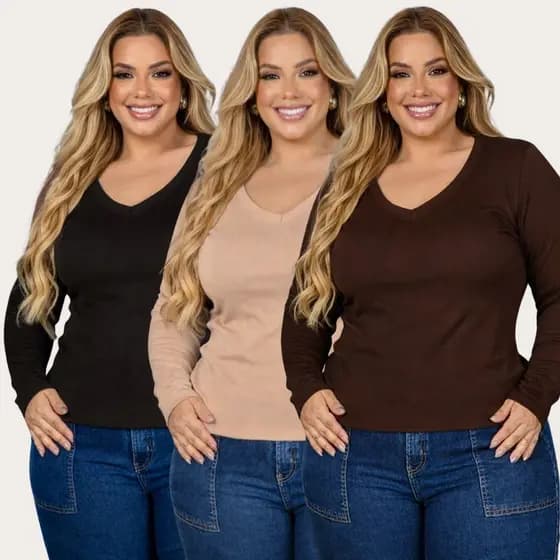 Kit 3 Blusa Feminina Preta Plus Size Manga Longa Segunda Pele Afina Visual Elegante