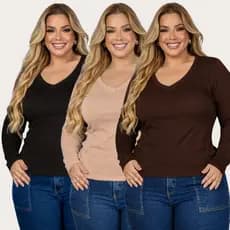 Kit 3 Blusa Feminina Preta Plus Size Manga Longa Segunda Pele Afina Visual Elegante