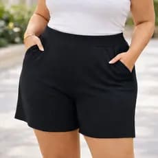 Short Plus Size Preto Cintura Alta Com Bolsos Feminino Acima do Joelho Moda Conforto
