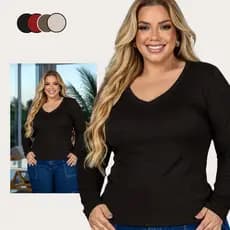 Segunda Pele Cacharrel Gola V Blusa Manga Comprida Plus Size Feminina Canelada Termica Até G4