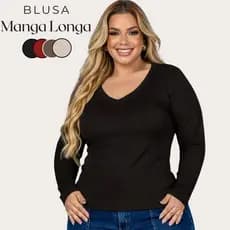 Blusa Feminina Plus Size Manga Longa Gola V Preta Básica Elegante Confortável