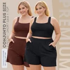 Kit 2 Conjunto Plus Size Moda Curve Short Com Top Alça Larga Tendência Soltinho Fresquinho Preto Marrom