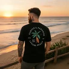 Camiseta Masculina Estampa Surf 100% Algodão Preta Gola Redonda Confortável Malha Premium Respirável