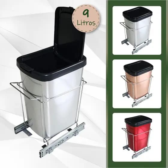 Lixeira Aramada Simples Deslizante Cromada Fixação de Base - 9 Litros - Tampa Click