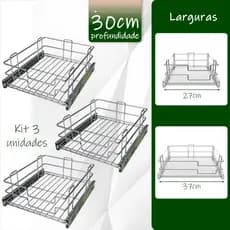 03 Gavetas Fruteiras Aramadas Cromadas 30cm de Profundidade