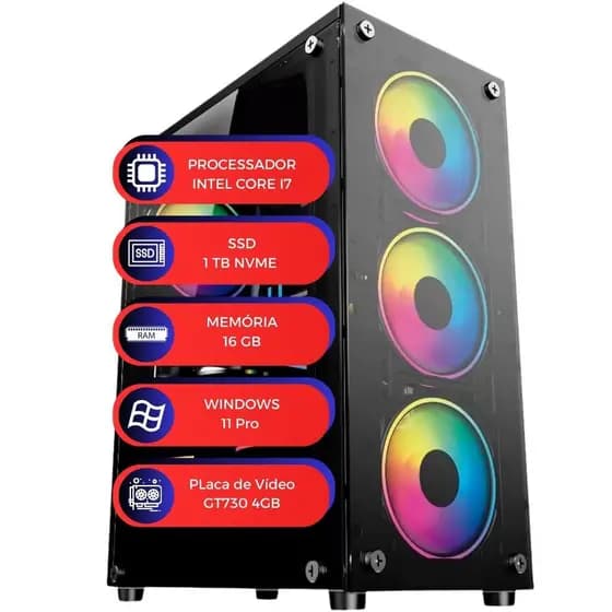 PC Gamer i7 MultiPC GPU GT730 4GB 16GB RAM SSD 1TB NVMe Win 11 Computador Ideal para Jogos Leves