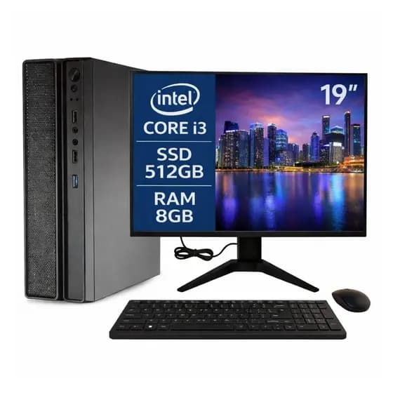 Computador Completo Slim Core i3 8ª Gen 8GB 512GB SSD Windows 11 + Monitor 19" + Kit Office