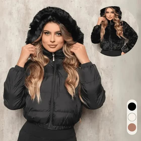 Jaqueta Puffer Feminina Forrada Impermeável Com Capuz Zíper