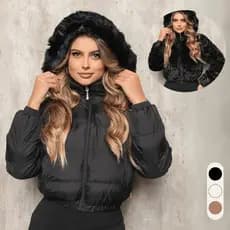 Jaqueta Puffer Feminina Forrada Impermeável Com Capuz Zíper