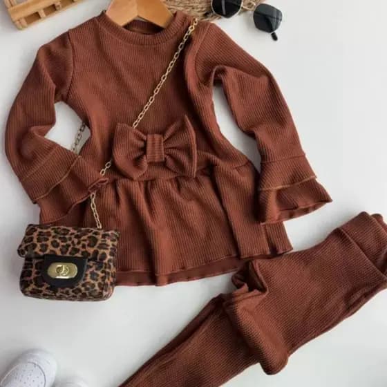 Conjunto Canelado Infantil Menina Blusa Manga Longa com Laço e Calça comprida para frio conjunto infantil inverno