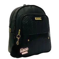Mochila Universitário Bolsa Feminina Preto Com 3 Ziper + Chaveiro Pompom