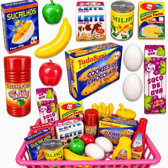 Comidinhas de Brinquedo Mercadinho Infantil Faz de Conta + Frigideira Cozinha 31 Peças Menina