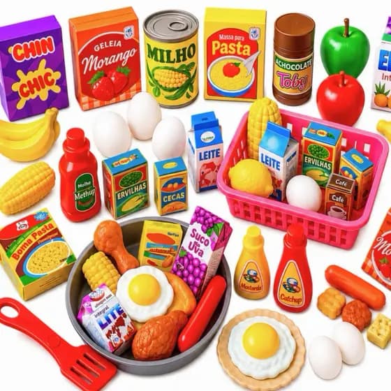 Kit Mercadinho Infantil Cozinha Comidinhas Frigideira E Cesta Brinquedo Menina 31 Peças