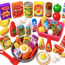 Kit Mercadinho Infantil Cozinha Comidinhas Frigideira E Cesta Brinquedo Menina 31 Peças