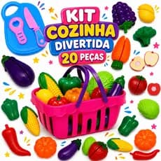 Kit Comidinhas Mercadinho 20 Peças Brinquedo Infantil Cestinha Corta Frutas e Legumes Velcro Crec Crec Cozinha Menina