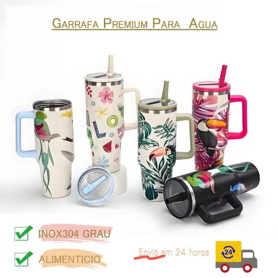 Copo Térmico Alça e Canudo Personalizado Estampado Fauna - 1200ML