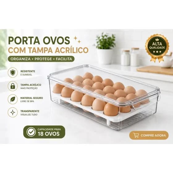 Porta Ovos 18 Ovos com Tampa Acrílica – Organizador Premium para Geladeira
