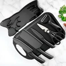 Jogo de Utensílios de Cozinha Kit 3 Facas, Tábua, Tesoura e Descascador com Suporte Profissional
