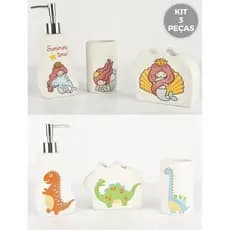 Kit de Banheiro Infantil com 3 Peças Cerâmica Seanite Saboneteira Dispenser Porta Escova Dino Sereia
