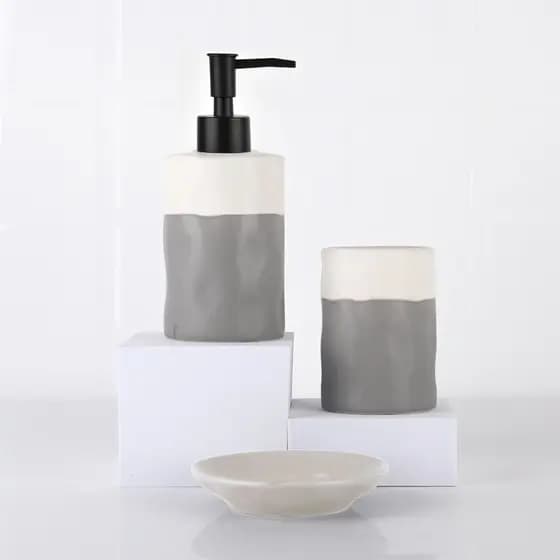 Kit de Banheiro com 3 Peças de Cerâmica Concret Seanite Saboneteira Dispenser Porta Escova Cinza